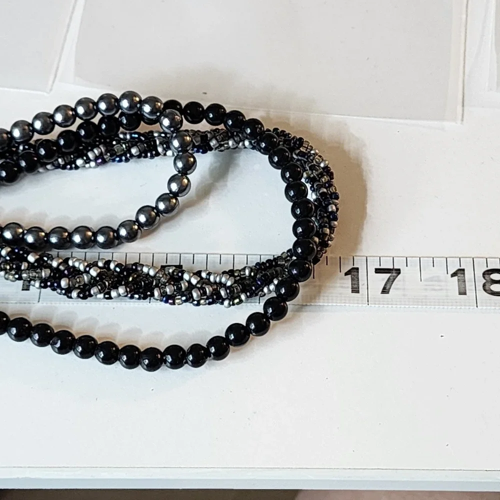 Multi Strand Black Seed Bead Necklace Gray Faux Pearl Boho Statement Layered